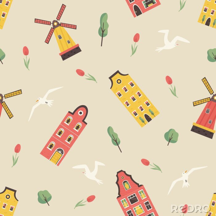 Papier peint à motif  Seamless pattern with old dutch buildings windmill