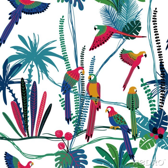 Papier peint à motif  Seamless pattern With Parrots In The Jungle.