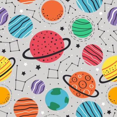 Papier peint à motif  seamless pattern with planets and stars on gray background  - vector illustration, eps    