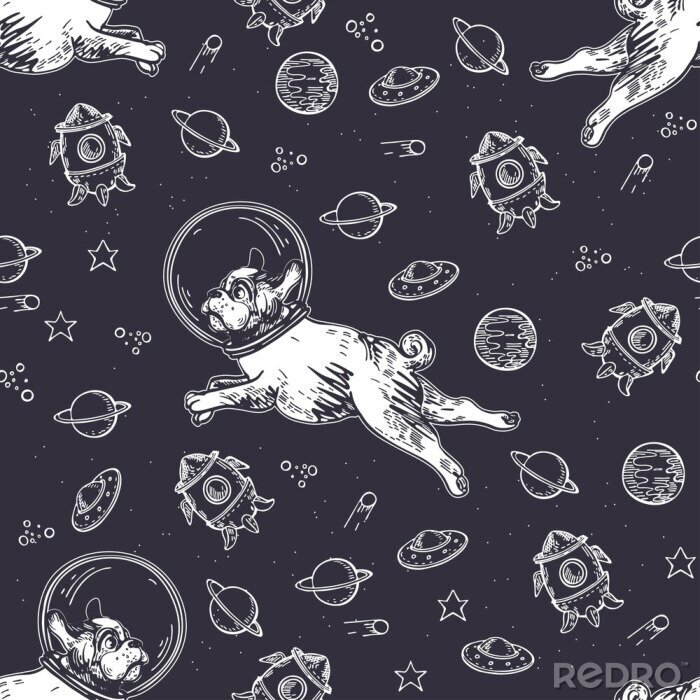 Papier peint à motif  Seamless pattern with pugs, planets and rockets. Dog astronaut flies in space.