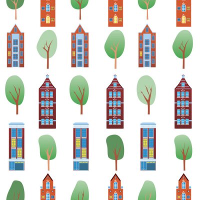 Seamless pattern with retro amsterdam houses and green trees as texture or background, flat vector stock illustration with europe as endless pattern isolated on white background