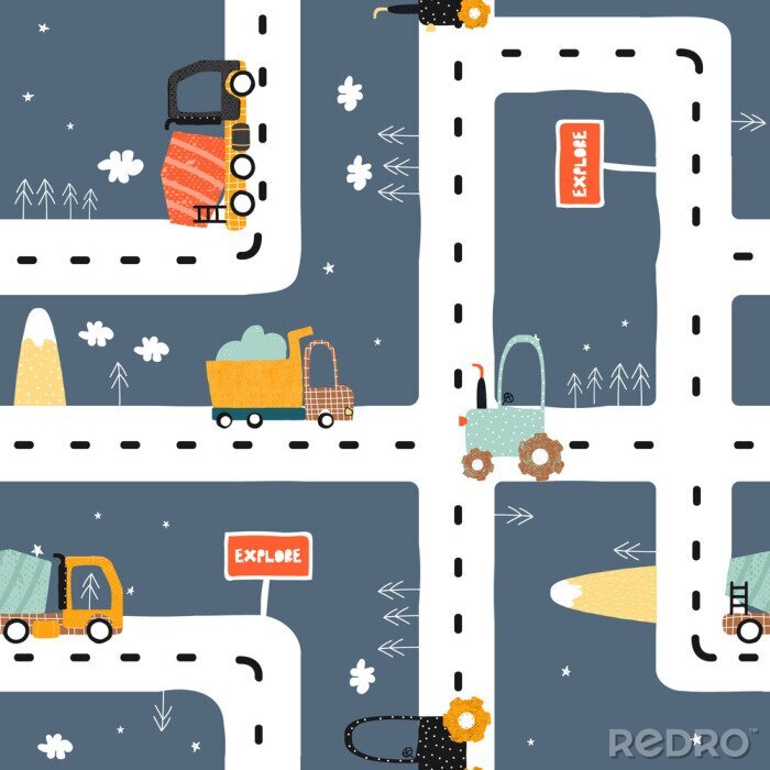 Papier peint à motif  Seamless pattern with road? truck and tractor. Cool kids print for carpet or nursery textile. Vector hand drawn illustration.