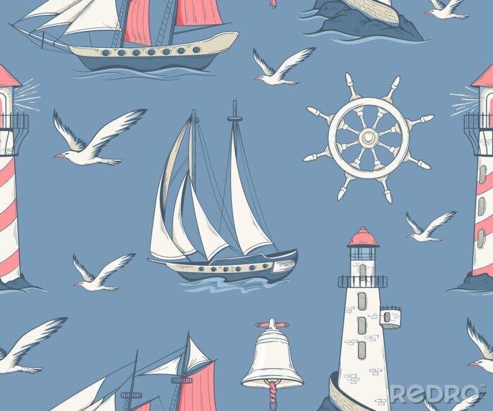 Papier peint à motif  Seamless pattern with sailing yachts and nautical equipment