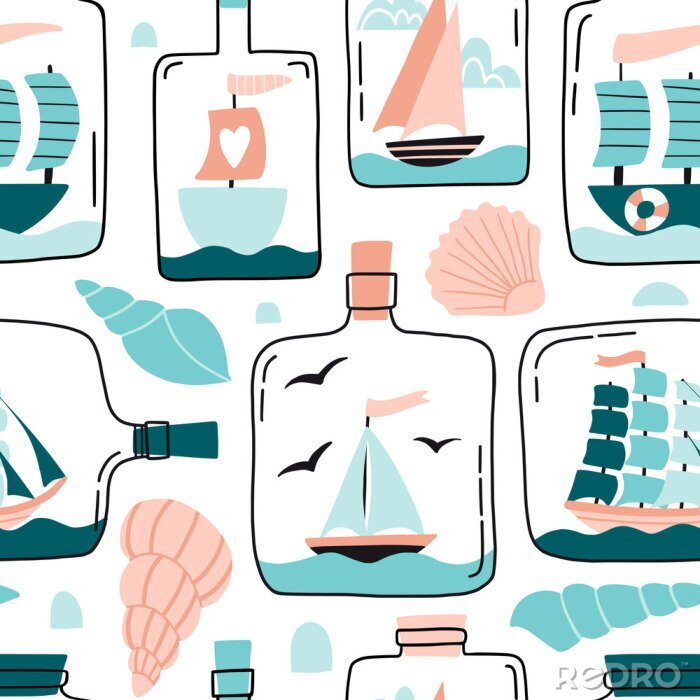 Papier peint à motif  Seamless pattern with ships, sail boats in miniature in glass bottle