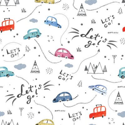 Papier peint à motif  Seamless pattern with small cars and road signs on white background