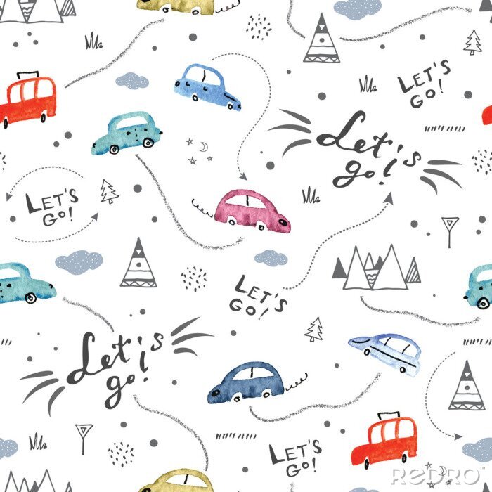Papier peint à motif  Seamless pattern with small cars and road signs on white background