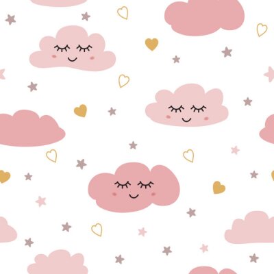 Seamless pattern with smiling sleeping clouds stars Pink baby girl pattern Vector