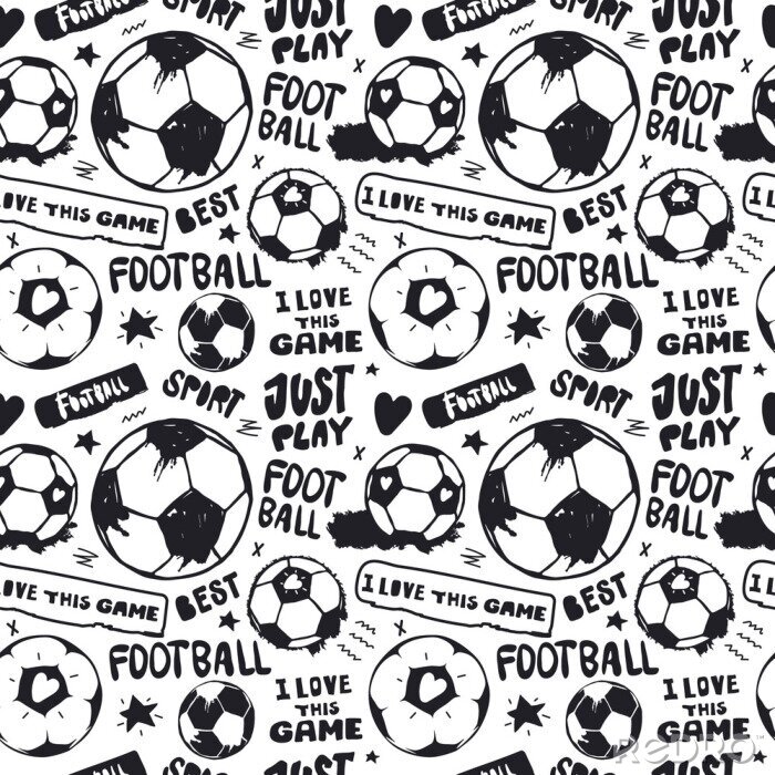 Papier peint à motif  Seamless pattern with soccer balls and text for textile. Hand drawing, short hand-written phrases: just play, i love this game. Sports background.