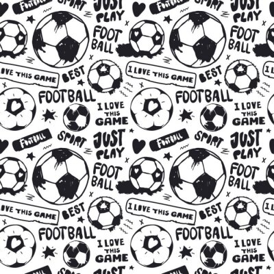 Papier peint à motif  Seamless pattern with soccer balls and text for textile. Hand drawing, short hand-written phrases: just play, i love this game. Sports background.