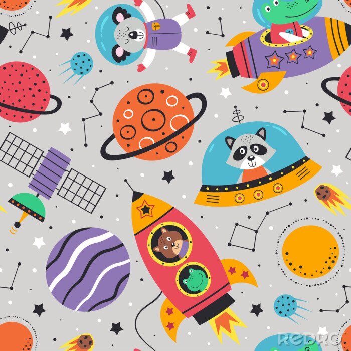 Papier peint à motif  seamless pattern with space animals on gray background.Koala,crocodile, raccoon, frog and squirrel  - vector illustration, eps    
