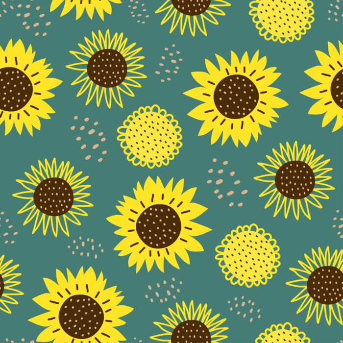 Papier peint à motif  Seamless pattern with sun flowers. Cute hand drawn cartoon childish drawing style. Colorful background with ink texture vector illustration, good for fashion textile print.