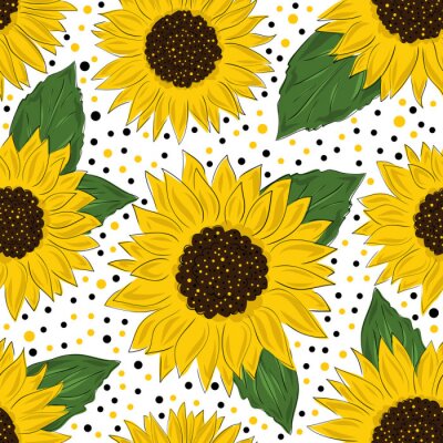 Papier peint à motif  Seamless pattern with sunflowers on white background. Collection decorative floral design elements. Flowers, buds and leaf. Vintage hand drawn vector illustration in sketch and cartoon style.