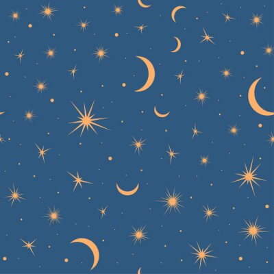 Seamless pattern with suns, moons and stars. Vector gold and blue illustration. Print could be used for textile, zodiac star yoga mat, underwear