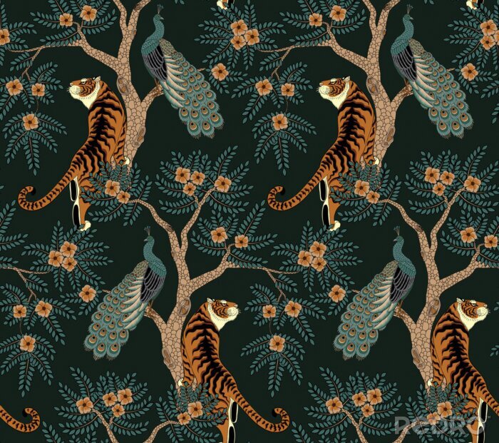 Papier peint à motif  Seamless pattern with tiger and peacock on tree with flowers in asian style