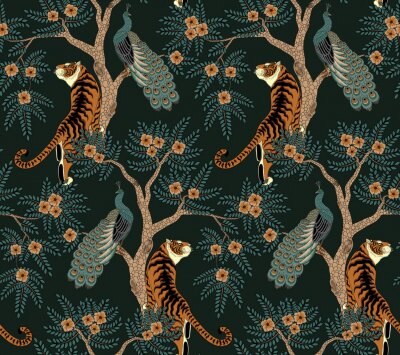 Papier peint à motif  Seamless pattern with tiger and peacock on tree with flowers in asian style