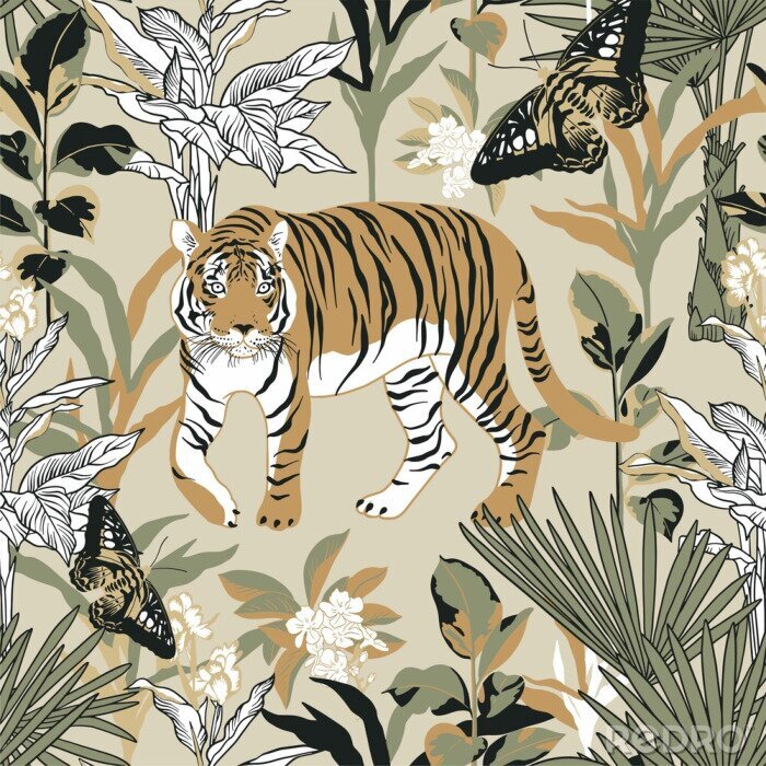 Papier peint à motif  Seamless pattern with tiger in the tropics. Background with jungle, tiger and butterfly for surface design.