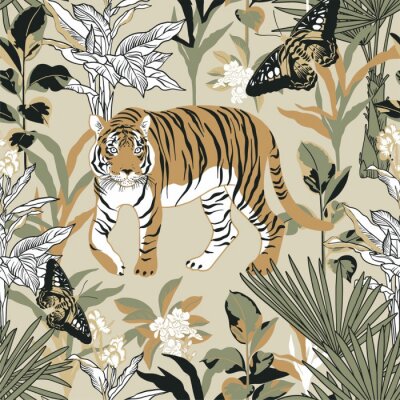 Papier peint à motif  Seamless pattern with tiger in the tropics. Background with jungle, tiger and butterfly for surface design.