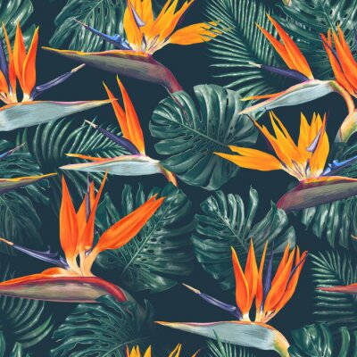 Papier peint à motif  Seamless pattern with tropical flowers and leaves. Strelitzia flowers, Monstera and Palm leaves. Realistic style, hand drawn, vector. Background for prints, fabric, wallpapers, poster, wrapping paper.