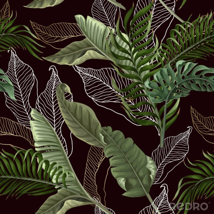 Papier peint à motif  Seamless pattern with tropical leaves on black background. Vector.
