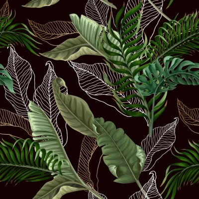 Papier peint à motif  Seamless pattern with tropical leaves on black background. Vector.