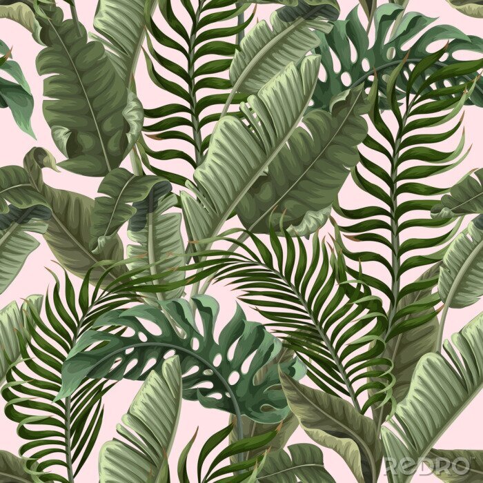 Papier peint à motif  Seamless pattern with tropical leaves on pink background. Vector.