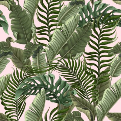 Papier peint à motif  Seamless pattern with tropical leaves on pink background. Vector.