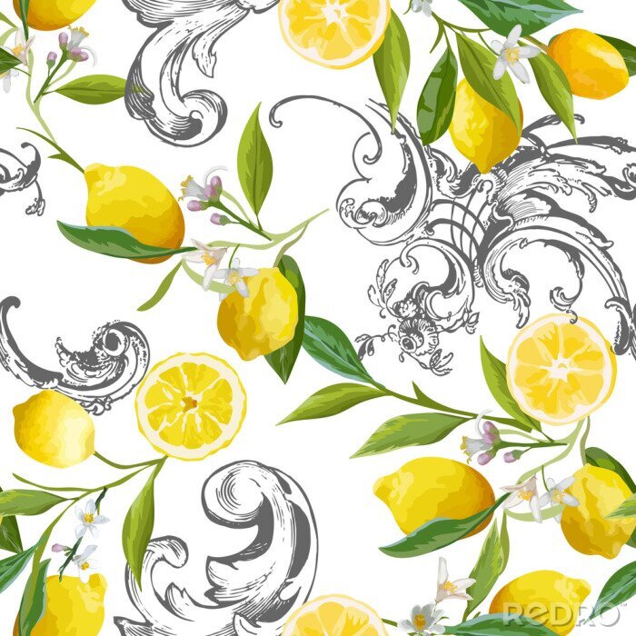 Papier peint à motif  Seamless Pattern with vintage barocco design with yellow Lemon Fruits, Floral Background with Flowers, Leaves, Lemons for Wallpaper, Fabric, Print. Vector illustration