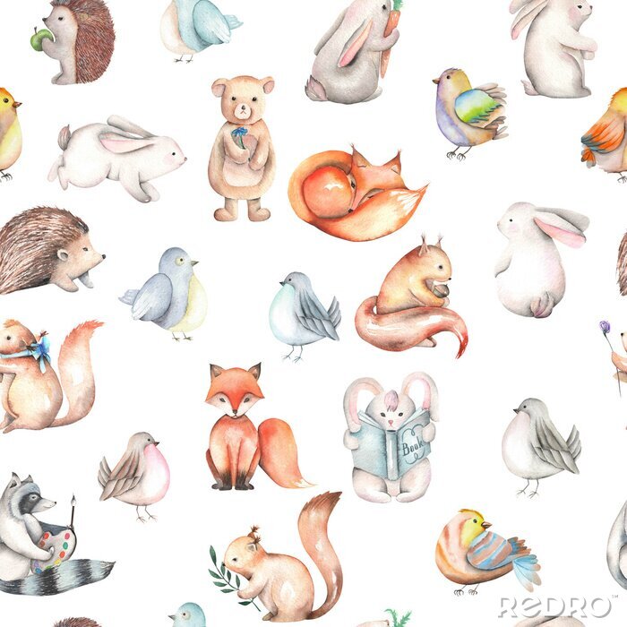 Papier peint à motif  Seamless pattern with watercolor cute forest animals, dessinée isolé sur fond blanc