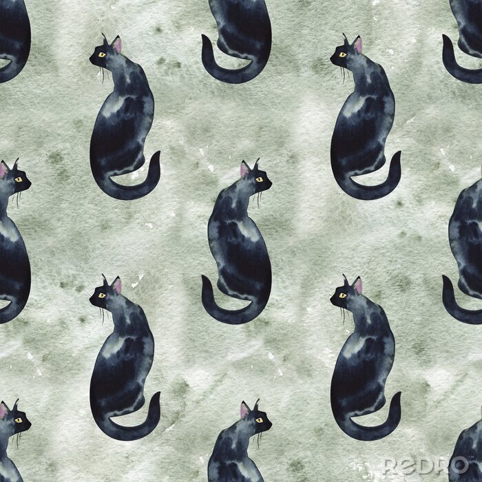 Papier peint à motif  Seamless pattern with watercolor silhouette of black cat with long tail.