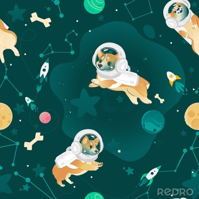 Papier peint à motif  Seamless pattern with Welsh Corgi dogs flying in open space cartoon style