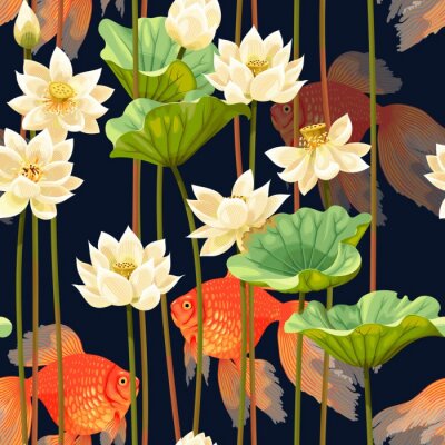 Papier peint à motif  Seamless pattern with white lotus and fish