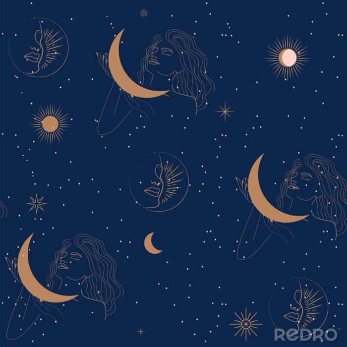Papier peint à motif  Seamless pattern with woman, moon and stars in one line style. Astrology background. Editable vector illustration