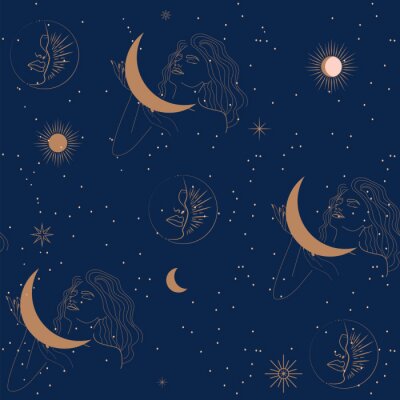 Papier peint à motif  Seamless pattern with woman, moon and stars in one line style. Astrology background. Editable vector illustration