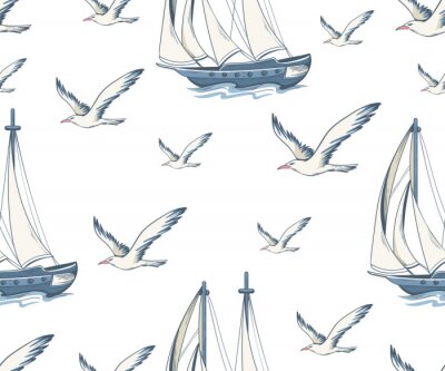 Papier peint à motif  Seamless pattern with yachts and seagulls. Nautical pattern