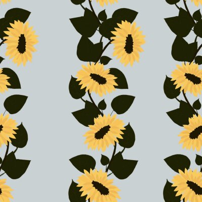 Papier peint à motif  Seamless pattern with yellow sunflowers and green leaves. Bouquets with sunflowers. Sunflowers on a blue background.