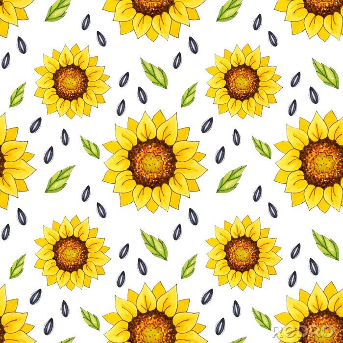 Papier peint à motif  Seamless patterns with bright sunflowers on a white background. These images are suitable for creating home textiles, wallpapers, backgrounds and decor.