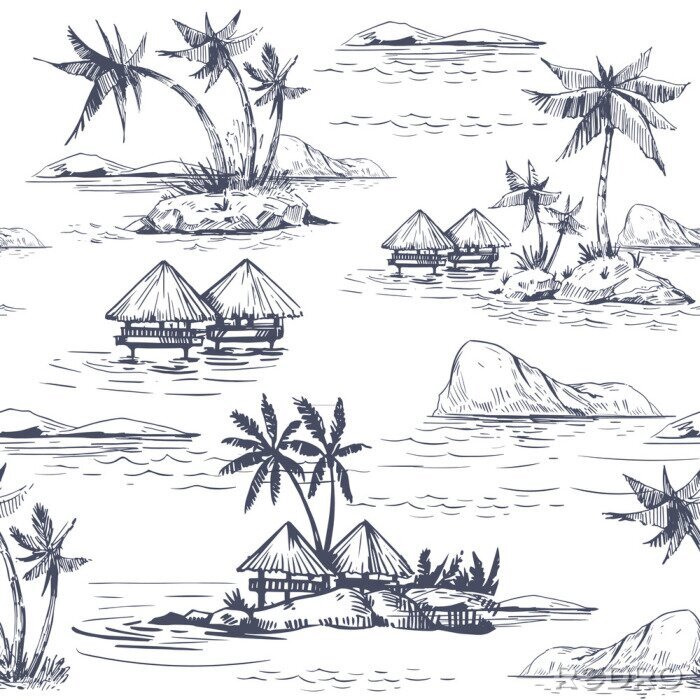 Papier peint à motif  Seamless patterns with tropical landscapes, palm trees, hawaii. Hand drawn style. Vector outline