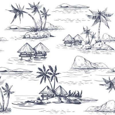 Papier peint à motif  Seamless patterns with tropical landscapes, palm trees, hawaii. Hand drawn style. Vector outline