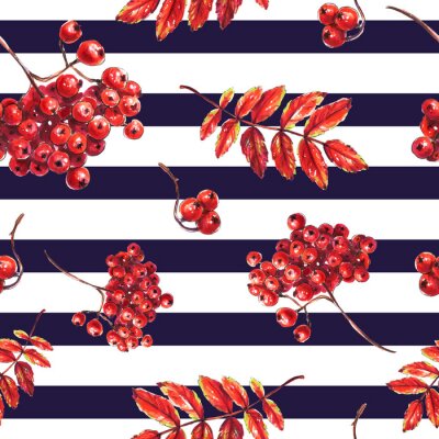Papier peint à motif  Seamless Red Rowan Berries sur fond rayé