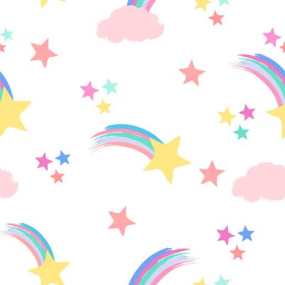 Papier peint à motif  Seamless repeat pattern in pastel colors with shooting stars, rainbows and clouds