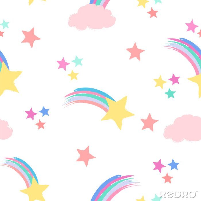 Papier peint à motif  Seamless repeat pattern in pastel colors with shooting stars, rainbows and clouds