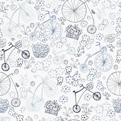 Papier peint à motif  Seamless retro pattern with bikes and flowers. Vector illustration. Design of textiles,packaging