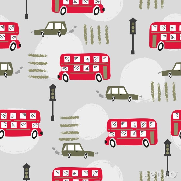 Papier peint à motif  Seamless road pattern with cartoon red London bus and car. Baby print.