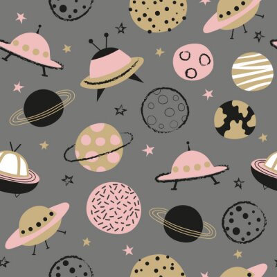 Papier peint à motif  Seamless space pattern for kids. Vector background with cartoon planets and UFO.