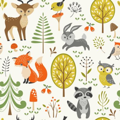 Papier peint à motif  Seamless summer forest pattern with cute woodland animals, trees, mushrooms and berries
 