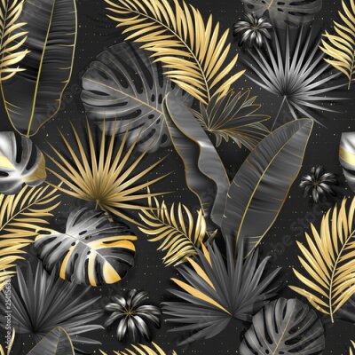 Papier peint à motif  Seamless tropical pattern. Leaves palm tree illustration. Gold, gray, black lives