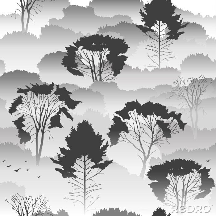 Papier peint à motif  Seamless, vecteur, noir, blanc, modèle Vue de dessus d'une forêt d'automne avec des arbres à feuilles caduques dans le brouillard. Sur l'environnement, la nature, les voyages. Paysage mystérieux.