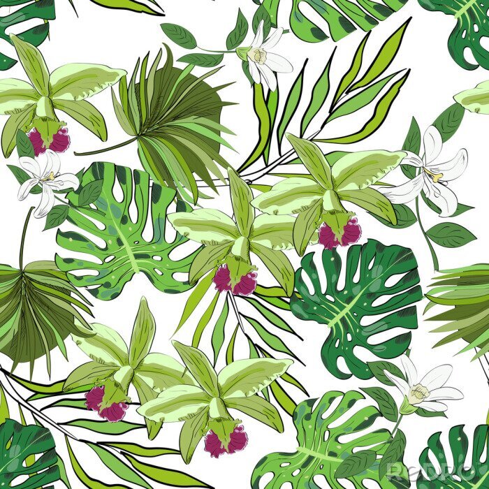 Papier peint à motif  Seamless vector pattern de vecteur exotiques dessiné des fleurs et des feuilles. Tropical background.