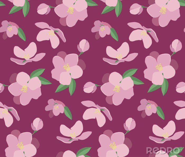 Papier peint à motif  Seamless vector pattern with beautiful magnolia flowers. Hand drawn nature painting. For wrapping, fabric, wallpaper. On a dark pink background