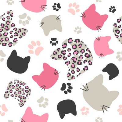 Papier peint à motif  Seamless vector pattern with cats heads and leopard print for kids